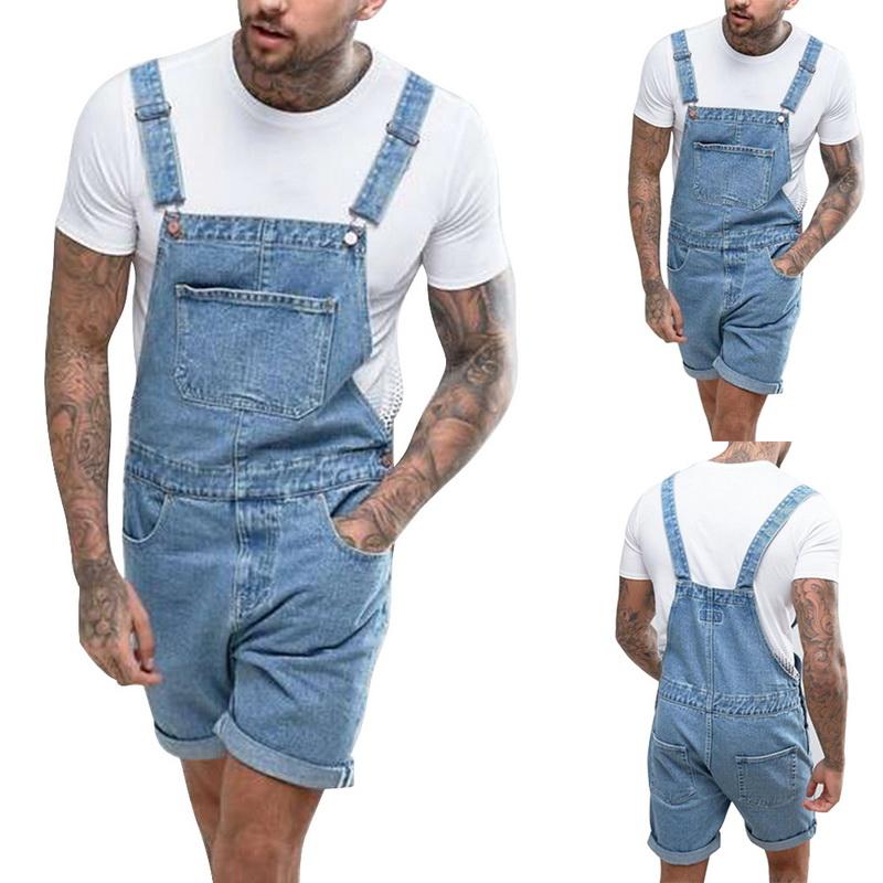 

Summer Plus Size 3XL Men Ripped Denim Shorts Vintage Distressed Bib Overalls Male Casual Suspender Bottoms, Blue