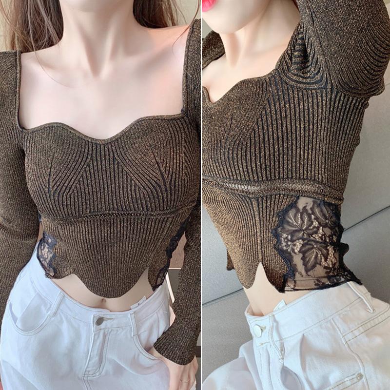 

New Women' Golden Silk Curved Stand Collar Slim Style Stitching Lace Sweater Long Sleeve Golden, As pic