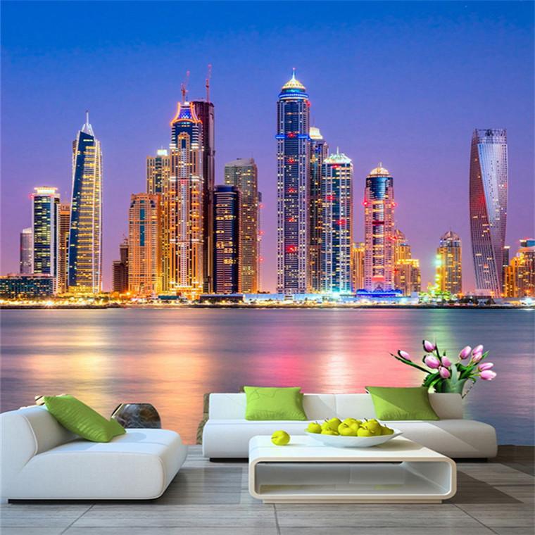 

Custom 3D Wall Mural Wallpaper Beautiful Dubai City Night Landscape Photo Wall Paper Living Room Restaurant Cafe Decor 3D Fresco, Silk cloth