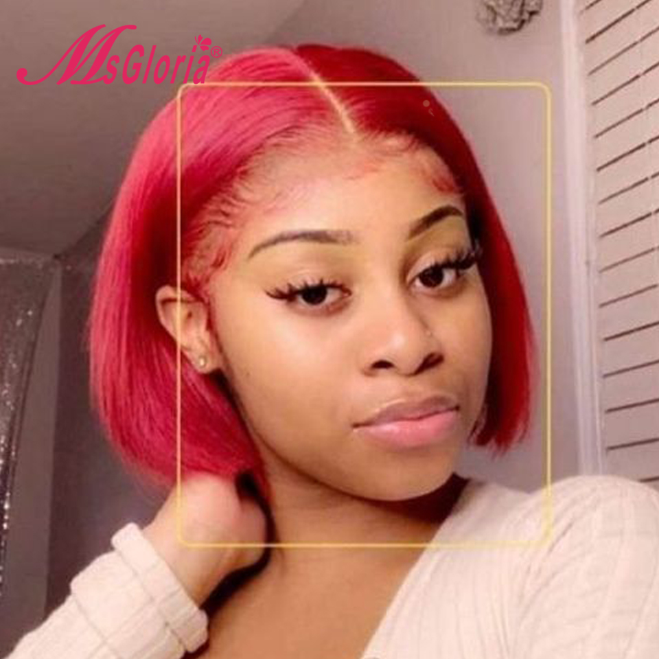

Red Color Straight Bob Part Lace Front Human Hair Wigs 180% Brazilian Remy Hair Wig For Women Wigs Human Transparent Lace, As pic