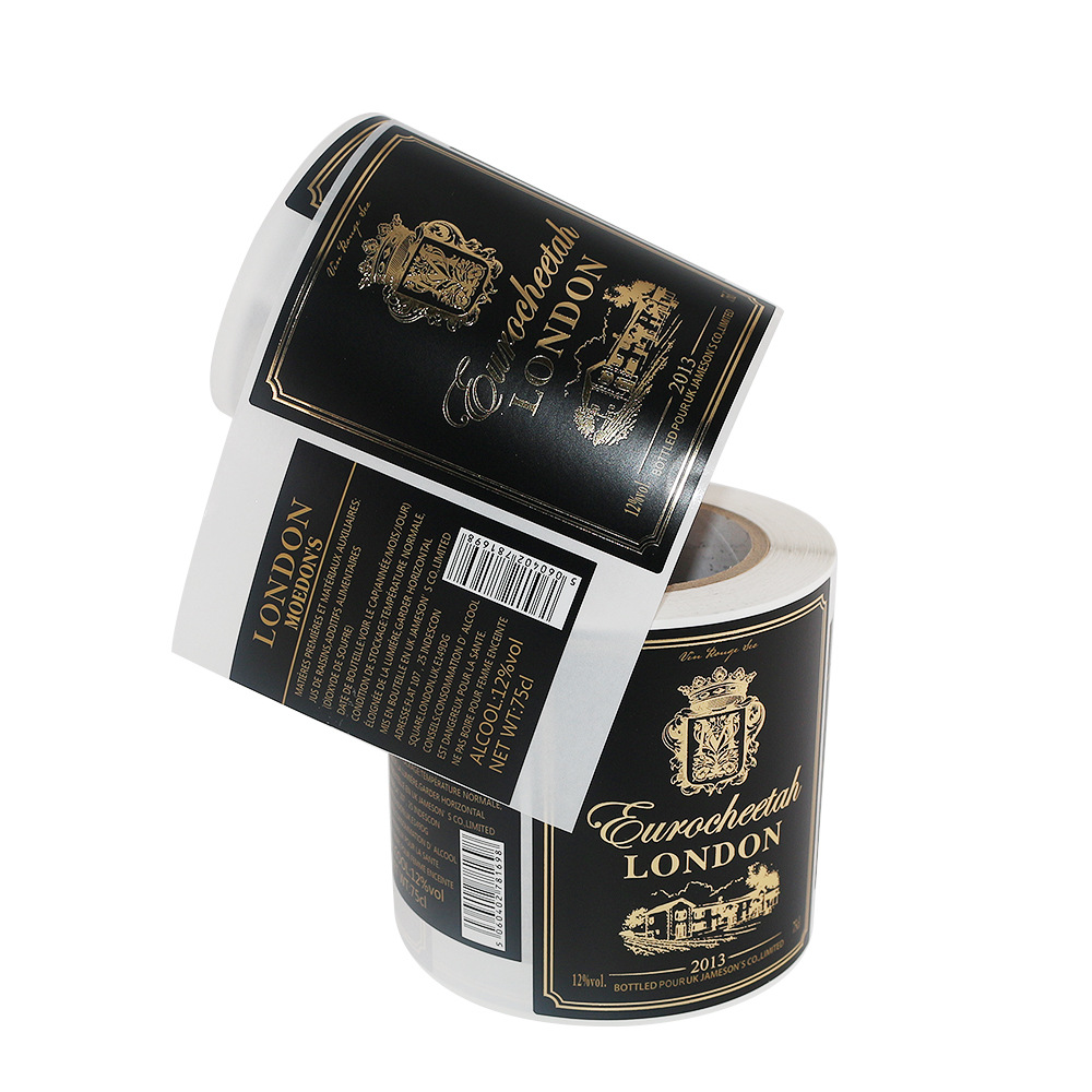 

Custom Black and Gold Foil Label Package Wine Adhesive Stickers Roll Golden Stamping Front Back Side Labels