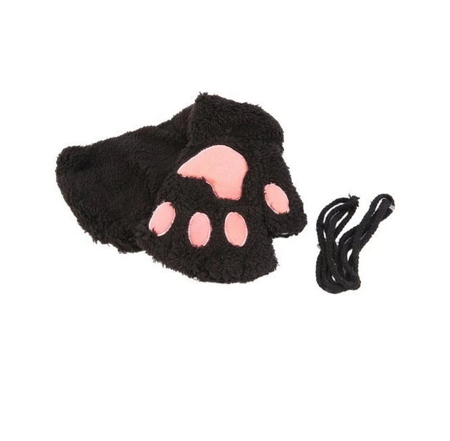 

YLWHJJ Winter cute cartoon cat girl fingerless cat claw warm gloves thickened fluffy bear half finger gloves black white