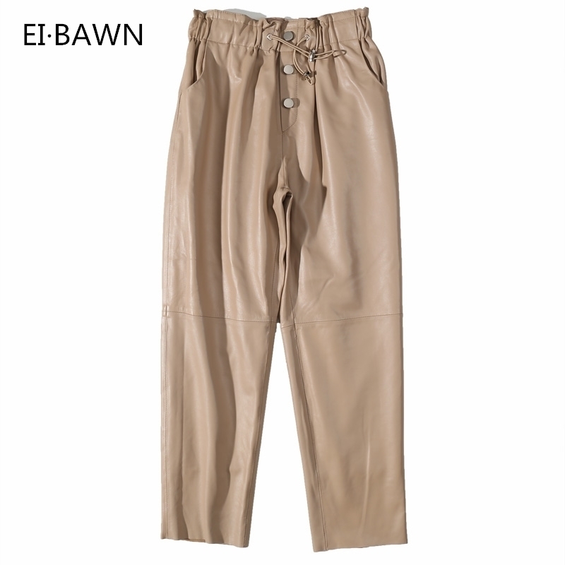 

Streetwear Black White Trousers Fleece Patent Genuine Leather Winter Pants Women 201031