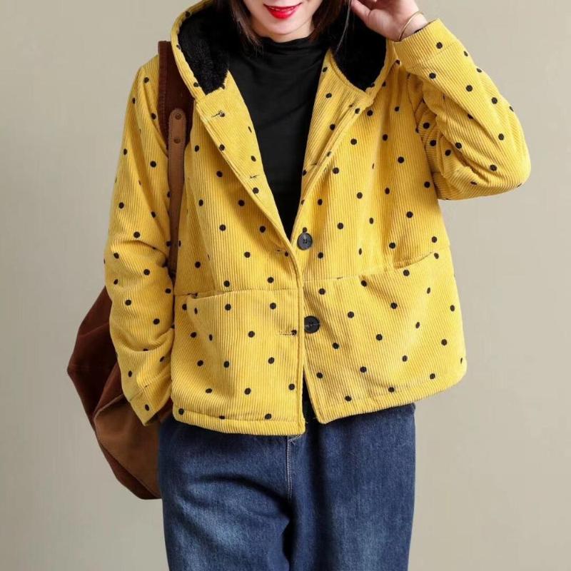 

Women Jackets dolka polt printing plus thick velvet hooded jacket, Yellow