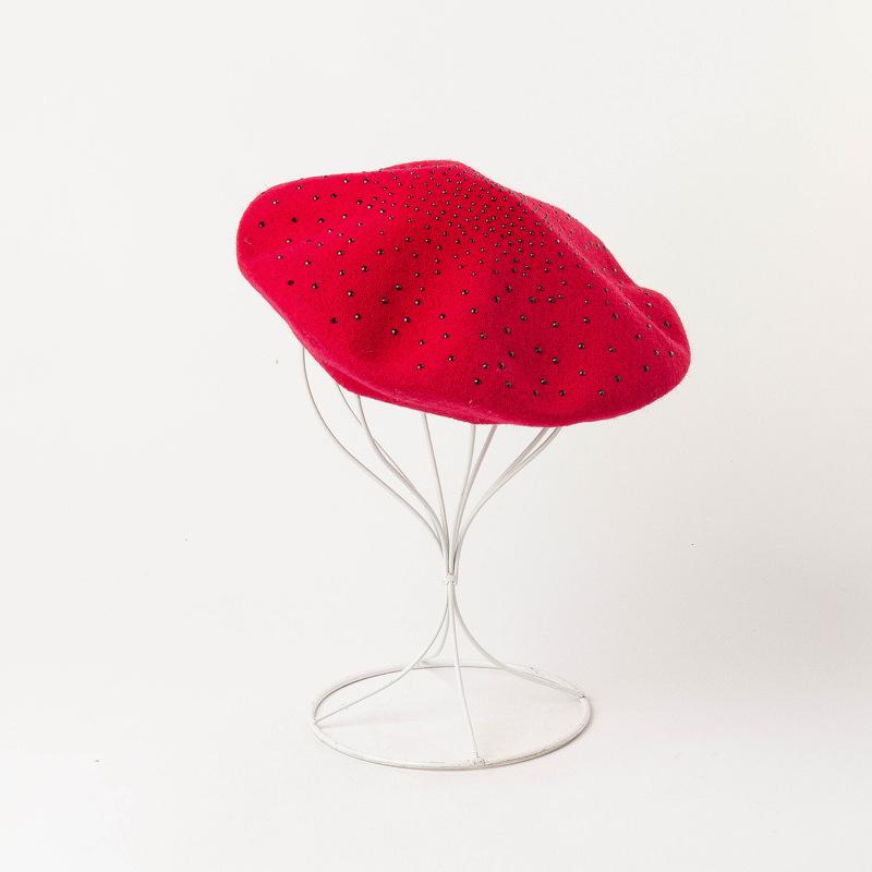 

New fashionable black hot-drilled Wool Beret painters from Europe and America in autumn and winte cap beret Pink hat girls