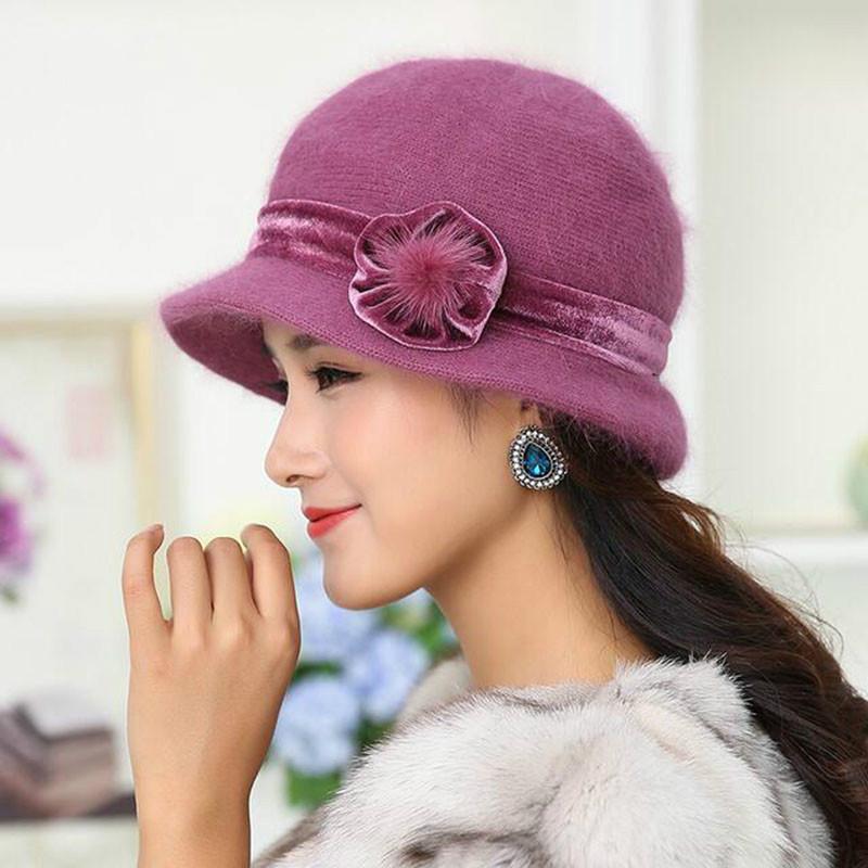 

Winter Women Floral Skullies Sweet Mixed Fur middle-aged mother Hat Warm Knitted Beanies thick velvet Hat Bonnet Femme, 04