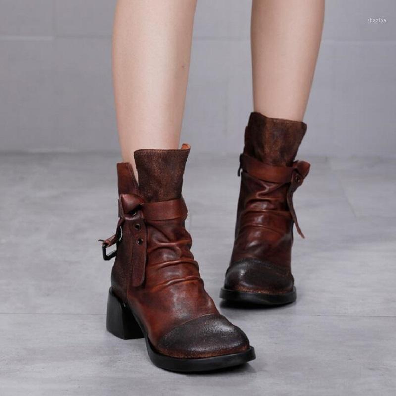 

British Style Spring Autumn Retro Thick Heels Buckle Strap Sewing Genuine Leather Women Half Mid-Calf Equestrian Boots 202012111, Black