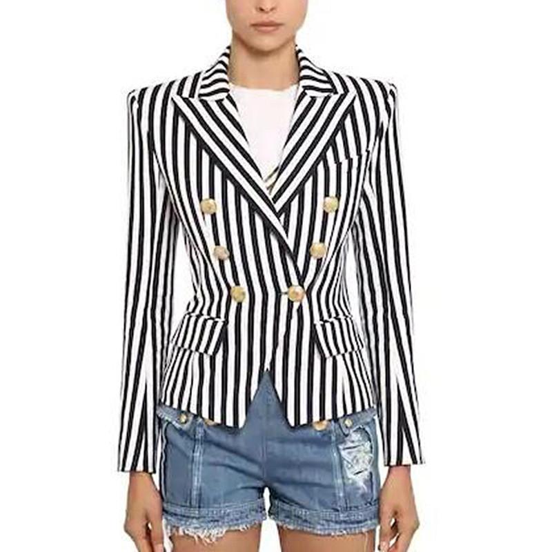 

2020 New Fashion Plus Size Office Ladies Cotton Jackets and Coats Notched Full Sleeve Double Breasted Striped Blazer Outerwear, Black