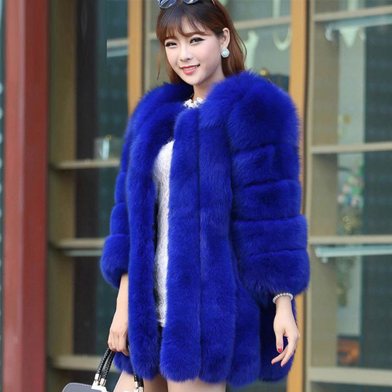

New Arrival Winter Women Thick Warm Faux Fur Coat O-Neck Slim Long Female Fur Jacket Overcoat Rose Blue PC083, Pink
