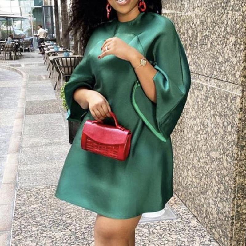 

Casual Dresses African Fashion Green Mini Dress Loose Satin Round Neck Half Sleeve Women Office Party Short Femme Summer Vestidos1