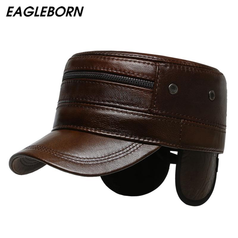 

New Winter Hat Men Dad Hat Cap Leather Men Caps Warm Ear Protection Leather Cap Cold-proof Man Winter Army, Black