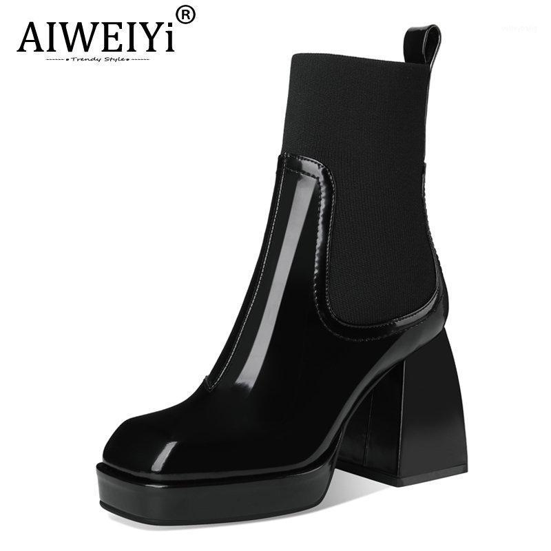 

AIWEIYi Platform Women Shoes Patent Leather Elegant Thick High Heels Pumps Ankle Boots Office Lady Shoes Woman1, Blackwinter