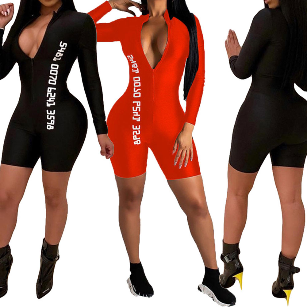 

Tight-fitting One-piece Low-cut Long Sleeve Top Tight Shorts Sexy Women Black Fitness Jumpsuits for Autumn Summer