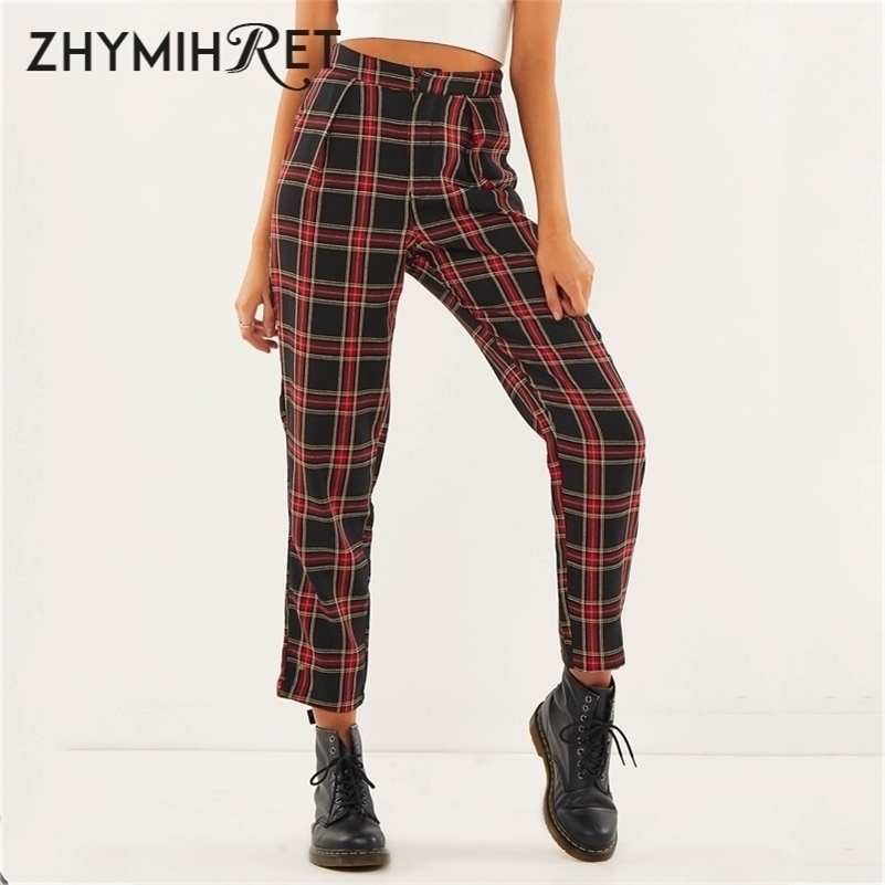 

ZHYMIHRET Autumn Cotton Straight Plaid Women's Pants Ankle-Length Zipper Capris Casual Mid Waist Trousers Pantalon Femme 201228