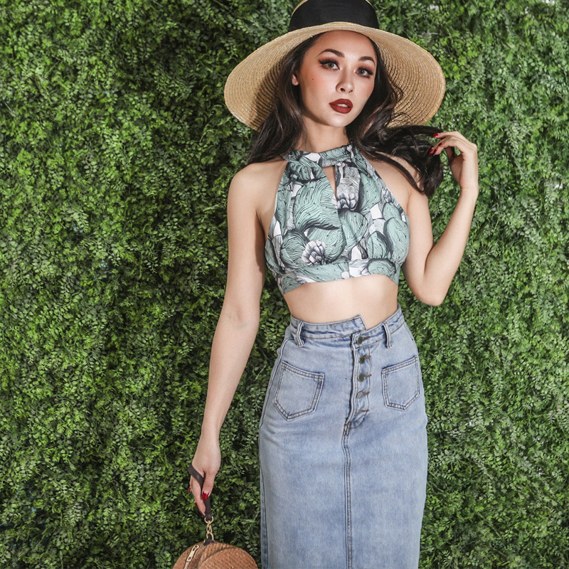 

2021 New Summer Holidays Elegant Chiffon Regards Very Sexy Backless Tropical Standard Sheet Short Top Tissue Fine AD4B, Green