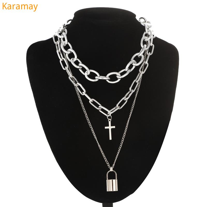 

Layered grunge aesthetic jewelry vintage punk chain necklace lock cross pendant necklace women choker chains goth accessory
