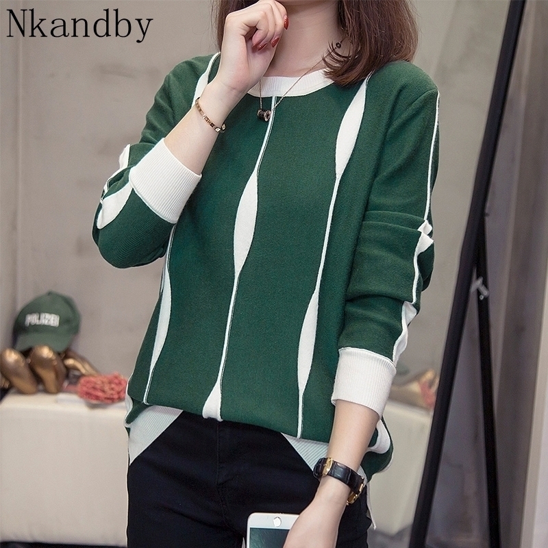 

Plus Size Striped Knitted Pullover Sweaters Women Autumn Winter Korean Long Sleeve Knitwear Tops Oversize Female Jumpers 201130, Green