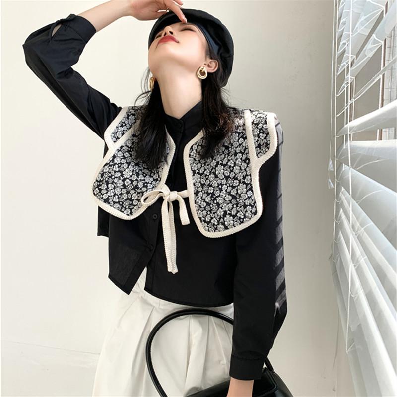 

2021 Spring New Women Long Sleeve Stand Collar Black Short Shirt Female Vintage Elegant Blouse Tops and Shawl Two Piece Sets