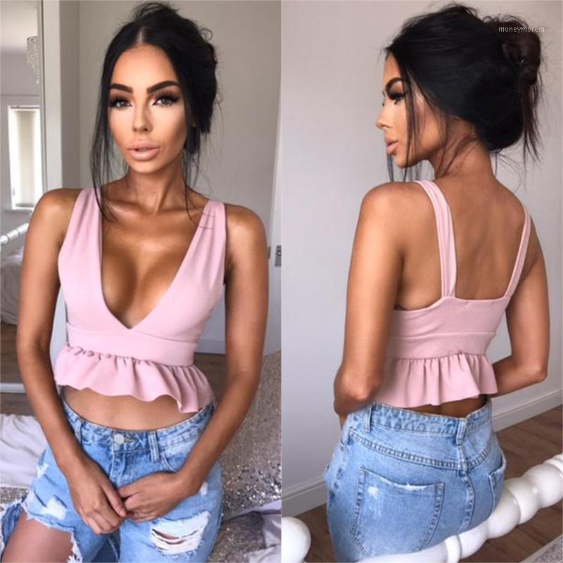 

Sexy V Neck Backless Ruffles Hem Camis Autumn Style Women Crop Top Camisole Tank Shirt1, Coral red