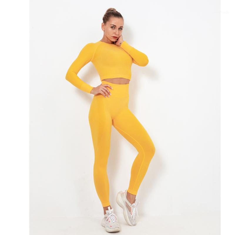 

New Seamless 2 Piece Women Yoga Set Gym Clothing Fitness Leggings Cropped Shirts Sport Suit Long Sleeve Tracksuit Active Wear1, Light gray