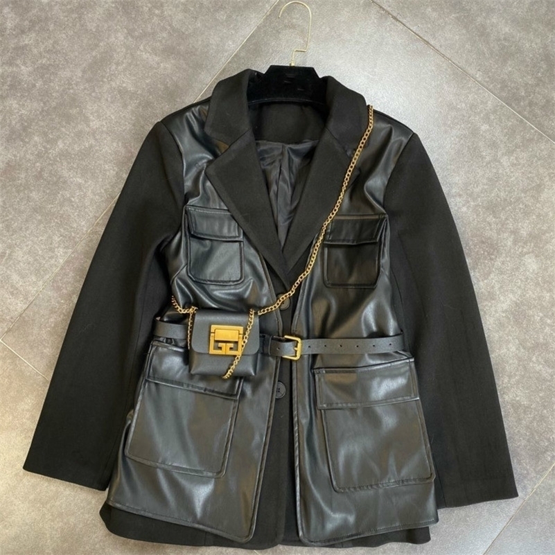 

DEAT Autumn Winter Long Sleeve Turn Down Collar Single Breasted Buttons Pu Patchwork Black Coat With Belt Bag Women MK629 201112