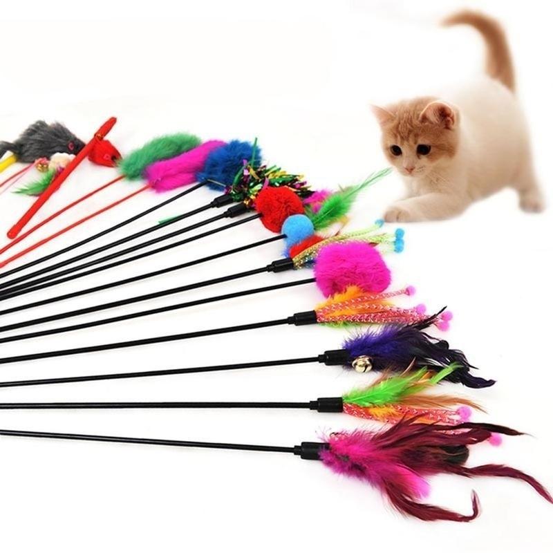 

Kitten Pet Cat Teaser Turkey Feather Interactive Fun Toy Wire Chaser Wand + Bell(random