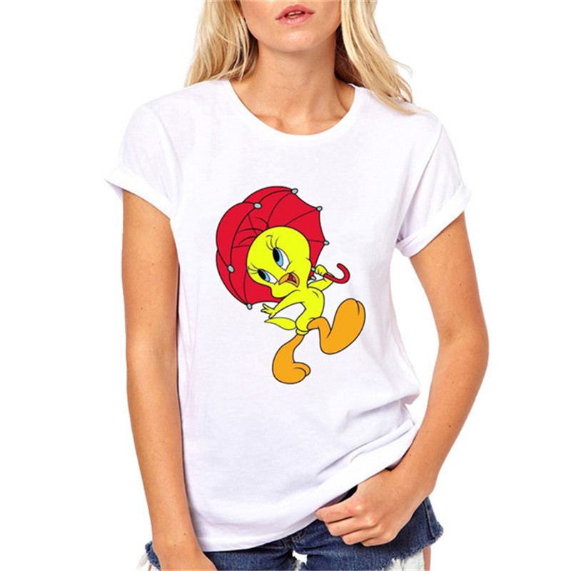 

2021 new Women's Looney Tunes Tweety Bird Cartoon Print Summer Looney Tunes Tweety Bird O collar T-shirt, White