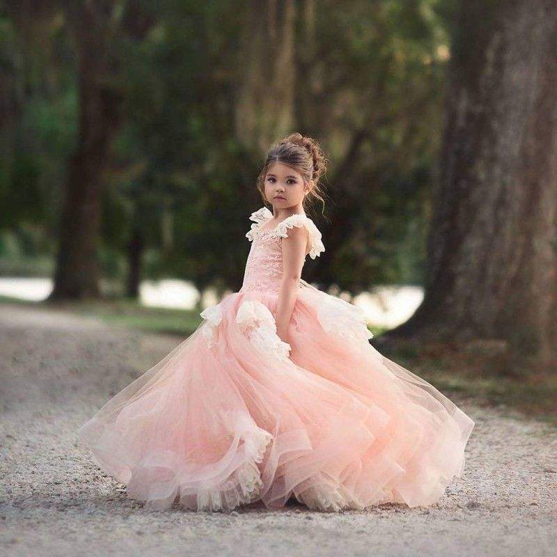 

Pink Puffy Flower Girls Dresses for Wedding Layered Tulle Lace applique Kids Toddler Pageant Party Birthday Gown First Communion Dress