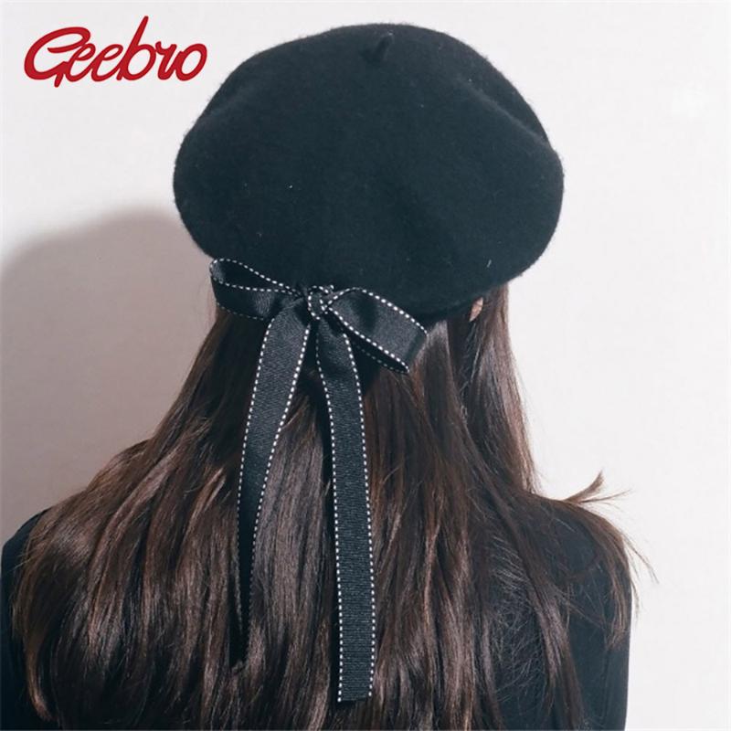 

Geebro French Style Women Bow Elegant Berets Fashion Winter Warm Hats For Feale Wool Beret Hat Lace Solid Skullies Beanies XL123, Black