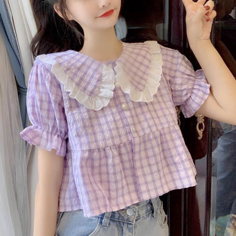 

2021 Summer Plaid Chiffon Bouse Elegant Patchwork Kawaii Tops Casual Japanese Style Sweet Korean Blouse Women New Lfxb, Purple