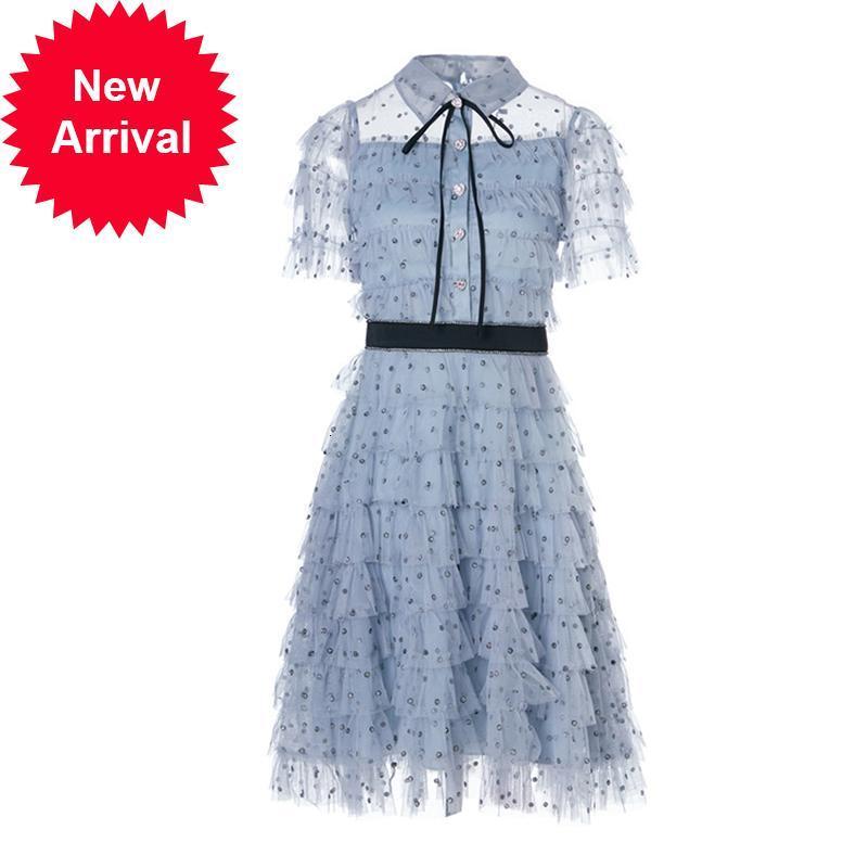 

High 2021 New Quality Blue Summer Polka Dot Sexy Ladies'lapels Crochet Mini Cake with Thin Sleeves and Party Dresses VS9A