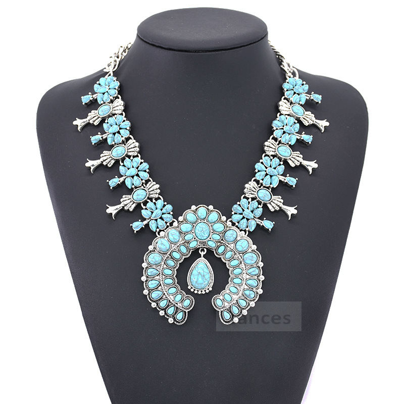 

Women Jewelry Ethnic Bohemia Tribal Turquoise flower pendant alloy necklace big chunky Pendant 6 colors necklace