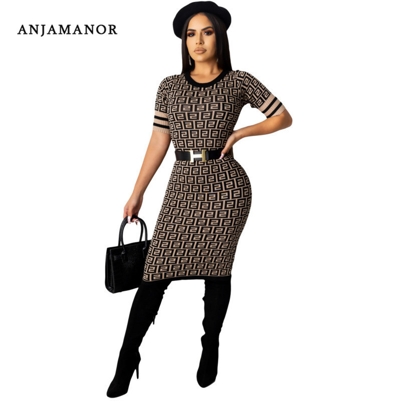 

ANJAMANOR Fall Winter 2020 Letter Print Knitted Sweater Dress Sexy Elegant Short Sleeve Midi Bodycon Dresses Club Wear D91-AB59 T200707, Blue