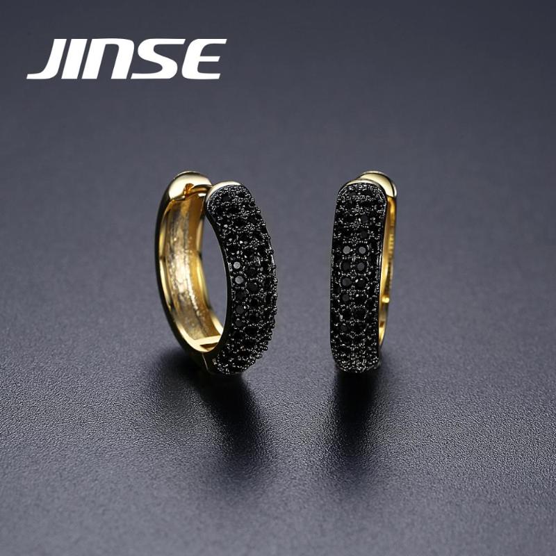 

JINSE 2cm Round Black Cubic Zircon Iced Hoop Earrings For Men Women Black Crystal Gold Plated Earrings Hip Hop Jewelry Gift