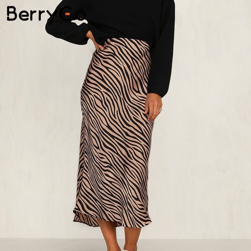 

BerryGo Zebra stripe women midi skirt High waist straight animal print female bottom skirt Leisure night club party ladies skirt Y200326, Khaki
