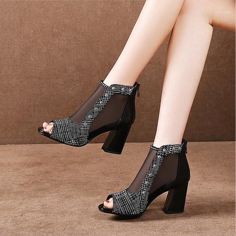 

2020 Peep toe Sandal Boot Women Mesh Ankle Boots Rivets Side Hollow out Summer Shoes for Female Square Heel Rome Style Red Black1, Black