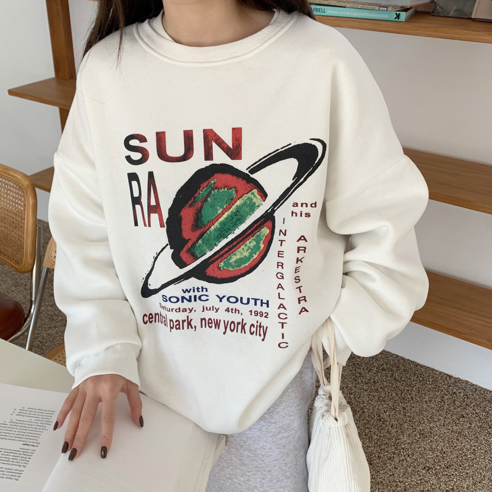 

2021 New Hoodie Korean Fashion Popular Thick Warm Simple Winter Hot Sale Loose Planet Printing Round Neck Long Sleeve 6RRH, White