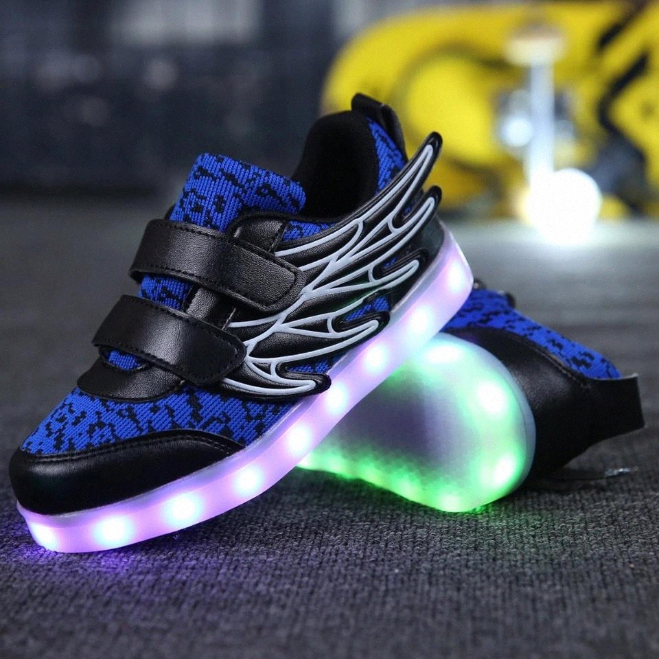 

2018 Fashion New USB Charging Led Children Shoes With Light Up Kids Boys&Girls Luminous Sneakers Glowing Shoes Wing Blue Black #EG9X