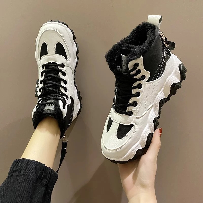 

2021 New High Female Fashion Superior Outdoor Tennis Keeping Warm Leisure Add Woman Black Grey Cotton Shoes FEJR