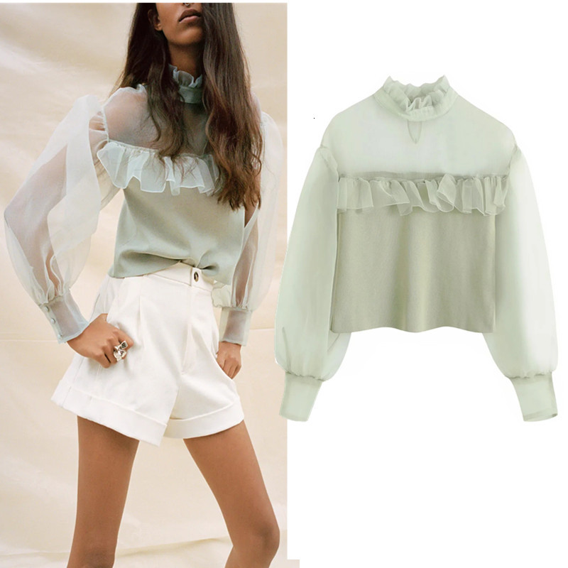 

2021 New Women Green Organza Knitted Crop Top Woman High Neck Long Puff Sleeve Patchwork See Through Ruffle Laddies Blouse 6o1k