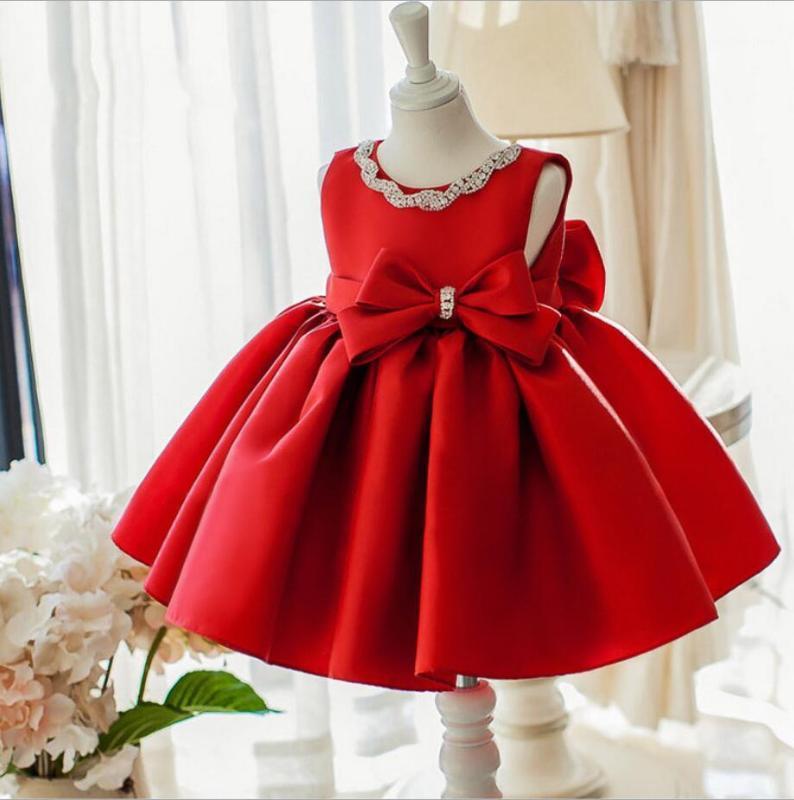 

Girl's Dresses Baby Girl Dress Toddler Christening Gowns Baptism Red Sleeveless Bow Infant 1 Year Birthday Princess Christmas Clothes 5T1