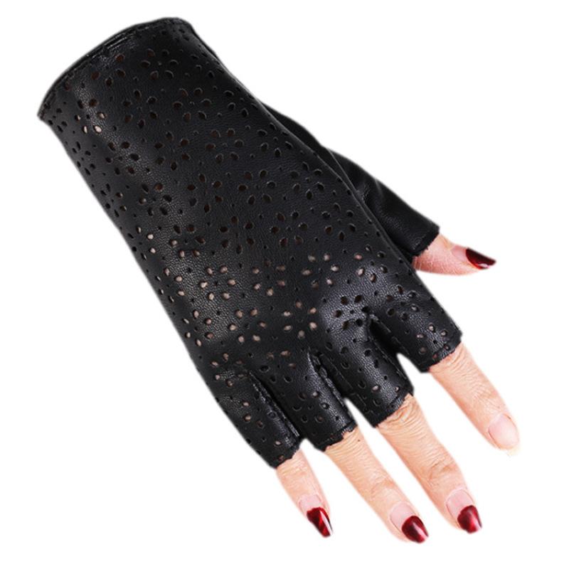 

Five Fingers Gloves Women Pole Dance Nightclub Sexy Leather Half Finger Hollow Flower Personality Punk Hip Hop Queen Stage Performance