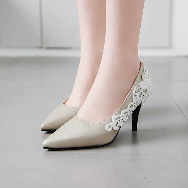 

Big Size 9 10 11 12 ladies high heels women shoes woman pumps Shoes with pointed lace lace and shallow mouth, Beige