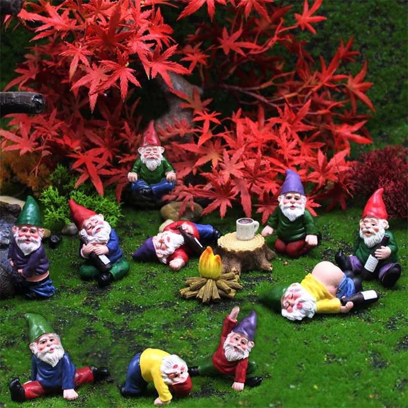 

12PC/Set Mini Fairy Garden Drunk Yoga Gnomes Miniature Ornaments Set Dwarf Bonfire Statues Flowerpot Garden Decor Accessories 220104