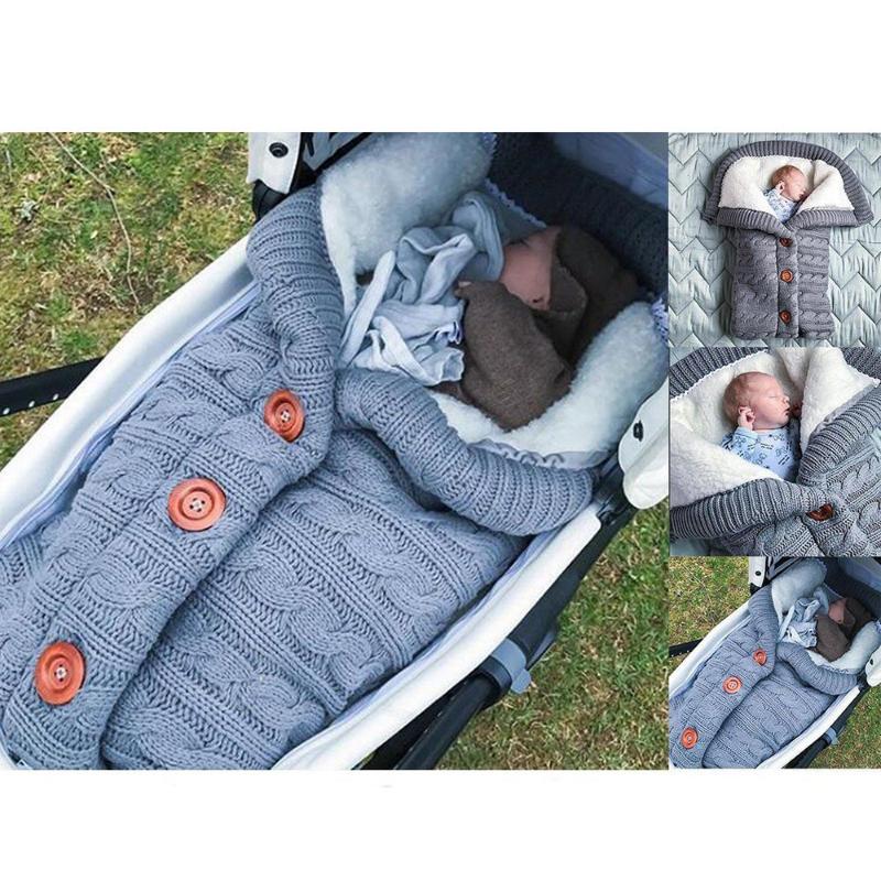 

Four Seasons Baby Button Knitted Blankets Newborn Swaddle Baby Wrap Warm Blanket Plus Velvet Bag Thick Sleeping Stroller