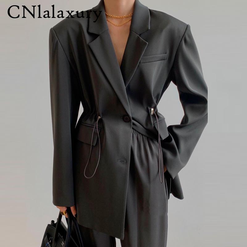 

New Korea Casual Single Breasted Vintage Blazer Women Office Lady Drawstring Jacket Coat Female Grey Chic Outwear Female Tops, Black