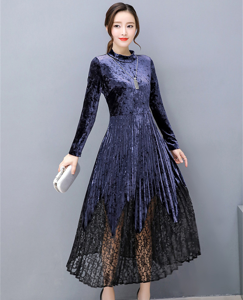 

2021 New Winter Autumn Velvet Plus Size 5xl Elegant Red Dresses with Lace Women's Clothes Wxf612 V3qs, Blue