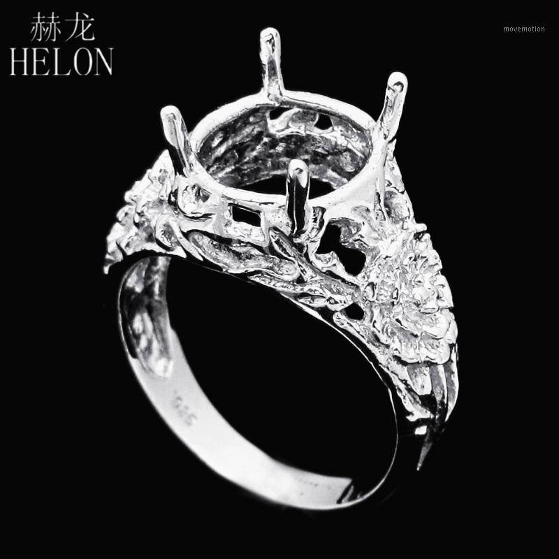 

HELON Sterling Silver 925 Oval Cut 10x11mm Engraved Flower Elegant Unique Party Jewelry Solitaire Semi Mount Ring Setting1