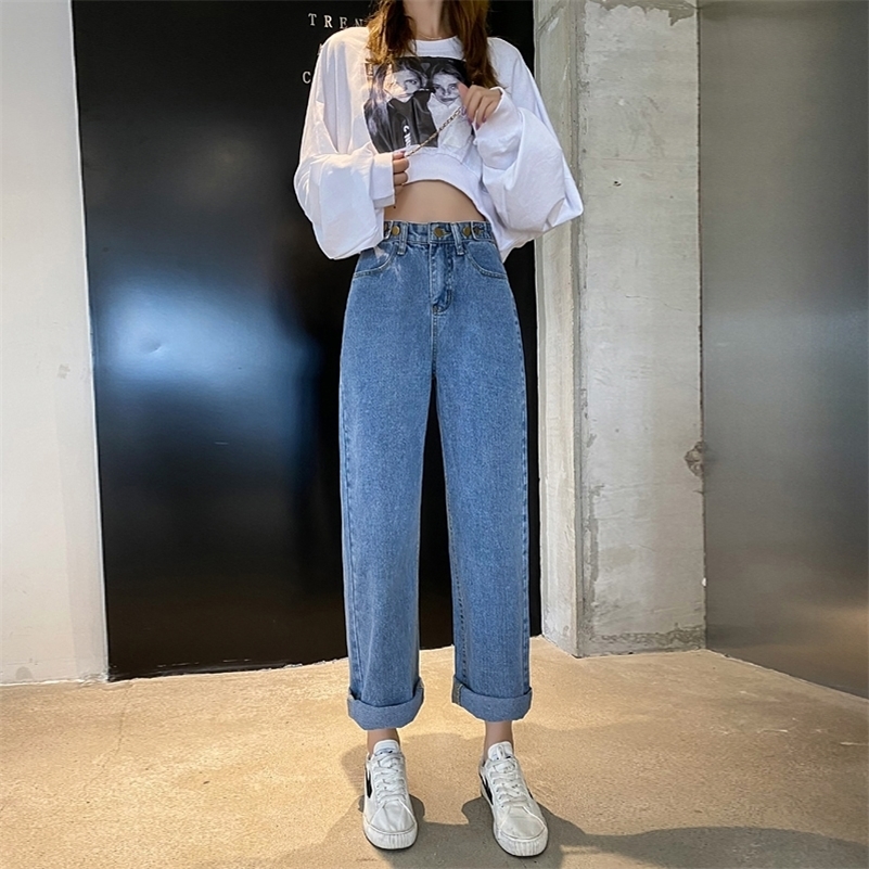 

Women's High Waist Straight Jeans Three Buttons Adjustment Baggy Jeans Leisure Boyfriend Jeans For Ladies Pants Streetwear 201105, Blue