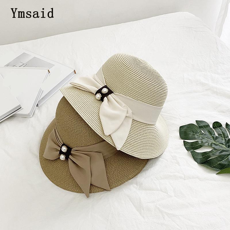

Summer Sun Hat For Women Straw Hat Fashion Pearl Bow Wide Brim Beach Hats Girl Boater Hats Foldable UV Packable Travel Cap, Khaki